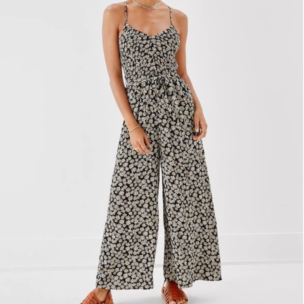 AE XS Daisy Ditsy Floral Jumpsuit Black Boho Wide Leg Pocket Spring Femme Picnic